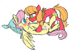 Size: 587x396 | Tagged: safe, artist:artflicker, character:big mcintosh, character:fluttershy, species:earth pony, species:pegasus, species:pony, ship:fluttermac, blushing, boop, butterreina, butterscotch, female, macareina, male, noseboop, nuzzling, on back, on top, rule 63, shipping, straight