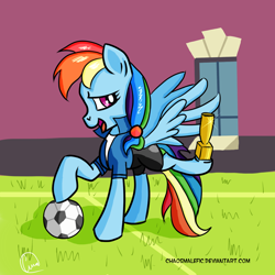 Size: 1024x1024 | Tagged: safe, artist:chaosmalefic, character:rainbow dash, species:pony, my little pony:equestria girls, equestria girls outfit, equestria girls ponified, female, football, ponified, solo, sports, trophy