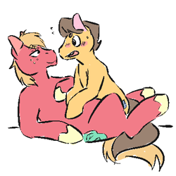 Size: 400x400 | Tagged: safe, artist:cleppyclep, character:big mcintosh, character:caramel, species:earth pony, species:pony, ship:caramac, blushing, cuddling, gay, male, shipping, snuggling, stallion