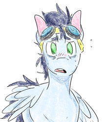 Size: 776x895 | Tagged: safe, artist:cleppyclep, character:soarin', concerned, cute, goggles, male, solo