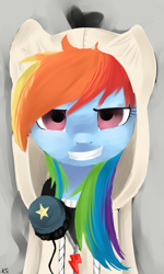 Size: 1203x2000 | Tagged: safe, artist:facerenon, character:rainbow dash, clothing, female, headphones, hoodie, portrait, solo