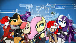 Size: 1191x670 | Tagged: safe, artist:ppdraw, character:applejack, character:fluttershy, character:rainbow dash, character:rarity, character:twilight sparkle, oc, species:pony, benelli m4, bipedal, desert eagle, glock, gun, lever action rifle, ump45