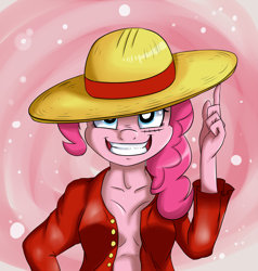 Size: 4751x5000 | Tagged: safe, artist:vicse, character:pinkie pie, species:anthro, absurd resolution, clothing, cosplay, crossover, female, monkey d luffy, one piece, partial nudity, pinkie d pie, scar, solo, topless