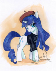 Size: 862x1094 | Tagged: safe, artist:imanika, character:rarity, species:pony, species:unicorn, g4, abstract background, alternate hairstyle, beatnik rarity, beret, clothing, female, hat, mare, solo, traditional art