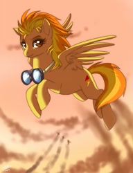 Size: 677x880 | Tagged: safe, artist:ruhje, character:spitfire, species:pegasus, species:pony, backlighting, female, flying, goggles, looking at you, mare, solo focus, wonderbolts