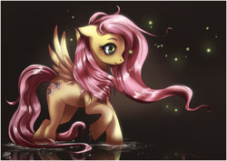 Size: 1025x727 | Tagged: dead source, safe, artist:ruhje, character:fluttershy, species:pegasus, species:pony, g4, cute, female, firefly, floppy ears, insect, mare, smiling, solo, water, wet mane