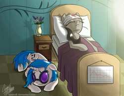 Size: 1035x803 | Tagged: safe, artist:ceehoff, character:dj pon-3, character:octavia melody, character:vinyl scratch, bandage, bed, behaving like a dog, blanket, blood, chart, charts and graphs, flower, hospital, injured, pillow, sad, sleeping, vase, worried
