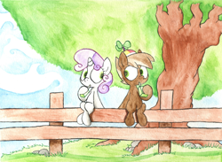 Size: 1024x750 | Tagged: safe, artist:talonsofwater, character:button mash, character:sweetie belle, female, juice box, male, shipping, straight, sweetiemash, traditional art, watercolor painting