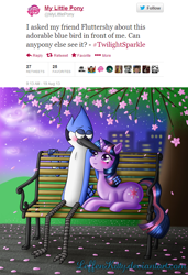 Size: 600x879 | Tagged: safe, artist:leffenkitty, character:twilight sparkle, ship:mordetwi, female, male, mordecai, shipping, straight, twitter