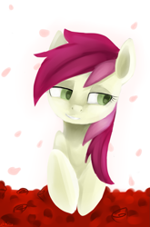 Size: 1589x2403 | Tagged: safe, artist:facerenon, character:roseluck, female, flower, full face view, looking away, portrait, rose, rose petals, smiling, solo