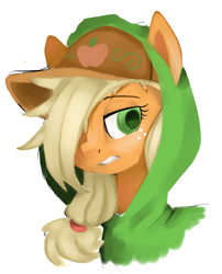 Size: 1285x1590 | Tagged: safe, artist:facerenon, character:applejack, clothing, female, hair over one eye, hat, hoodie, simple background, solo