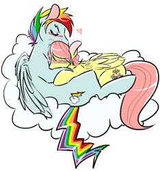 Size: 780x833 | Tagged: safe, artist:cleppyclep, character:fluttershy, character:rainbow dash, ship:flutterdash, blushing, butterblitz, butterscotch, cloud, cuddling, gay, heart, male, rainbow blitz, rule 63, shipping, snuggling