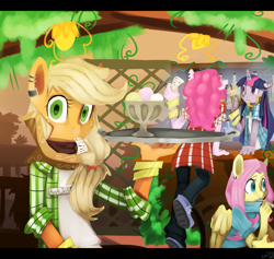 Size: 2500x2372 | Tagged: safe, artist:facerenon, character:applejack, character:fluttershy, character:pinkie pie, character:twilight sparkle, species:anthro, cafe, clothing, food, ice cream, looking at you, milkshake, waitress, working