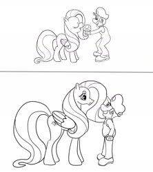 Size: 1950x2200 | Tagged: safe, artist:midnight-wizard, character:fluttershy, :o, crossover, eating, eyes closed, growth, luigi, monochrome, mushroom, open mouth, smiling, super mario bros., super mushroom, wide eyes