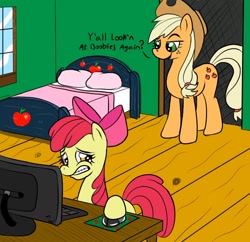 Size: 750x725 | Tagged: safe, artist:midnight-wizard, character:apple bloom, character:applejack, caught, computer, door, female, implied porn, lesbian