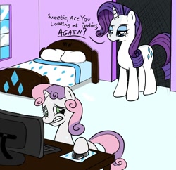 Size: 750x725 | Tagged: safe, artist:midnight-wizard, character:rarity, character:sweetie belle, bedroom, caught, computer, door, eyeshadow, female, implied porn, lesbian, unamused