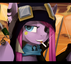 Size: 2572x2300 | Tagged: safe, artist:facerenon, character:pinkamena diane pie, character:pinkie pie, badass, cigarette, clothing, female, goggles, portrait, smoking, solo, steampunk