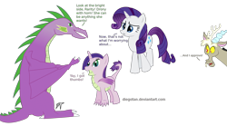 Size: 2337x1303 | Tagged: safe, artist:diegotan, character:discord, character:rarity, character:spike, oc, parent:rarity, parent:spike, parents:sparity, species:dracony, ship:sparity, adult spike, dragicorn, family, female, hybrid, interspecies, interspecies offspring, male, offspring, older, older spike, original species, shipping, straight, wings
