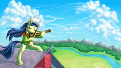 Size: 1600x905 | Tagged: safe, artist:rainspeak, character:fiddlesticks, species:pony, apple family member, barn, bipedal, clothing, female, fiddler on the roof, hat, mountain, musical instrument, playing, river, scenery, solo, violin, water