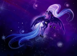 Size: 1650x1200 | Tagged: safe, artist:ladyamaltea, character:princess luna, species:alicorn, species:pony, g4, female, flying, mare, night, rear view, solo, spread wings, stars, wings