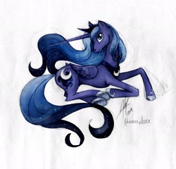 Size: 2338x2243 | Tagged: safe, artist:ladyamaltea, character:princess luna, species:alicorn, species:pony, g4, female, high res, looking back, mare, prone, simple background, solo, underhoof, white background