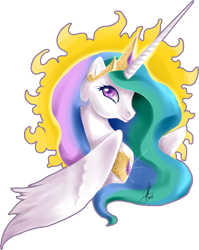 Size: 1747x2192 | Tagged: safe, artist:ladyamaltea, character:princess celestia, species:alicorn, species:pony, g4, bust, colored pupils, female, mare, profile, simple background, smiling, solo, sun