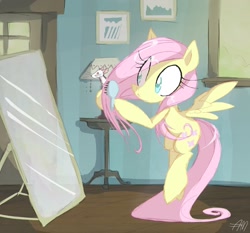 Size: 1297x1208 | Tagged: dead source, safe, artist:yuji8sushi, character:fluttershy, species:earth pony, species:pony, brush, brushing, female, flying, grooming, mirror, mouse, solo