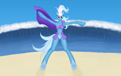 Size: 1920x1200 | Tagged: safe, artist:funkybacon, character:trixie, species:anthro, arm hooves, beach, bikini, breasts, busty trixie, clothing, female, skinny, swimsuit