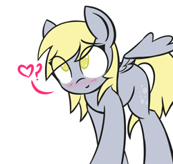 Size: 1892x1794 | Tagged: safe, artist:manicpanda, character:derpy hooves, species:pegasus, species:pony, blushing, cute, derpabetes, eye clipping through hair, featured on derpibooru, female, heart, looking at you, looking up, no pupils, pictogram, question mark, simple background, smiling, solo, spread wings, underp, wings