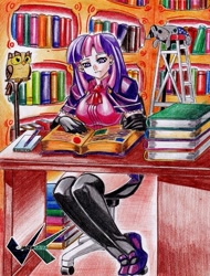 Size: 531x700 | Tagged: safe, artist:jadenkaiba, character:owlowiscious, character:smarty pants, character:twilight sparkle, species:human, book, clothing, desk, evening gloves, female, golden oaks library, humanized, ladder, library, light skin, notebook, pen, solo, stockings, thigh highs, traditional art