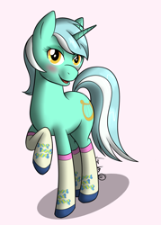 Size: 1076x1506 | Tagged: safe, artist:itsuko103, character:lyra heartstrings, blushing, clothing, implied shipping, socks