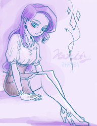 Size: 500x650 | Tagged: safe, artist:mirululu, character:rarity, species:human, clothing, female, high heels, humanized, needle, shoes, sitting, skirt, solo, tube skirt