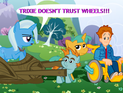 Size: 2000x1509 | Tagged: safe, artist:dcencia, character:snails, character:snips, character:trixie, species:human, alicorn amulet, burger king, burger king kids club, chariot, crossover, we are going to hell, wheel, wheelchair