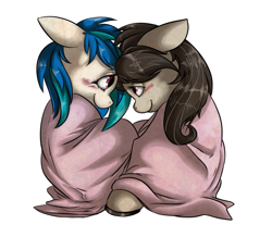 Size: 963x841 | Tagged: safe, artist:tilly-towell, artist:vicse, character:dj pon-3, character:octavia melody, character:vinyl scratch, ship:scratchtavia, blushing, eye contact, female, lesbian, looking at each other, shipping, simple background, white background