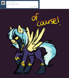 Size: 1280x1445 | Tagged: safe, artist:tracymod, character:shutterfly, ask, ask tracy flash, grin, nightmare night, raised hoof, shadowbolts, smirk, solo, spread wings, wings
