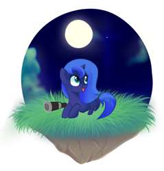 Size: 900x943 | Tagged: dead source, safe, artist:fikakorv, character:princess luna, cute, dirt cube, female, filly, moon, partial background, solo, telescope, woona