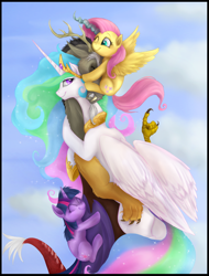 Size: 892x1174 | Tagged: safe, artist:celestiathegreatest, artist:mn27, character:discord, character:fluttershy, character:princess celestia, character:twilight sparkle, character:twilight sparkle (unicorn), species:alicorn, species:draconequus, species:pegasus, species:pony, species:unicorn, ship:discolight, ship:discoshy, ship:dislestia, g4, bedroom eyes, cloud, cute, discord gets all the mares, discoshylestia, discoshylestialight, discoshylight, discute, eyes closed, facehug, female, fgsfds, fluffy, frown, gang hape, gritted teeth, hape, hilarious in hindsight, hug, lucky bastard, male, messy mane, pony pile, profile, shipping, size difference, smiling, straight, wink