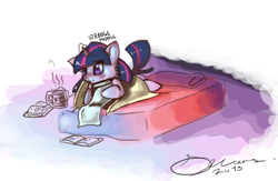 Size: 806x524 | Tagged: safe, artist:strangemoose, character:twilight sparkle, species:pony, species:unicorn, bed, blanket, book, clothing, coffee, female, scarf, signature, simple background, solo, white background