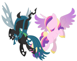 Size: 1647x1305 | Tagged: safe, artist:cuttycommando, character:princess cadance, character:queen chrysalis, species:alicorn, species:changeling, species:pony, featured on derpibooru, female, hooves, horn, lineless, mare, simple background, solo, spread wings, transparent background, wings