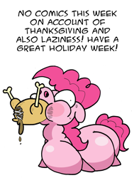 Size: 800x1023 | Tagged: safe, artist:krampuskind, character:pinkie pie, bloated, cooked, dead, eating, fat, female, food, murry purry fresh and furry, piggy pie, ponies eating meat, pudgy pie, solo, thanksgiving, turkey, webcomic