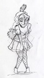 Size: 400x709 | Tagged: safe, artist:ssakurai, character:pinkie pie, species:human, barefoot, feet, female, humanized, monochrome, pencil drawing, saloon pinkie, showgirl, solo, traditional art
