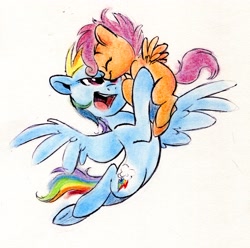 Size: 3412x3389 | Tagged: safe, artist:psychoon, character:rainbow dash, character:scootaloo, species:pegasus, species:pony, cute, cutealoo, dashabetes, duo, female, filly, happy, mare, nuzzling, open mouth, scootalove, traditional art