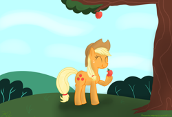 Size: 2500x1700 | Tagged: safe, artist:mikoruthehedgehog, character:applejack, :t, apple, apple tree, eating, eyes closed, female, food, hoof hold, obligatory apple, smiling, solo, that pony sure does love apples, tree