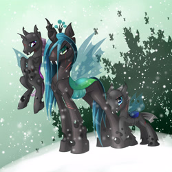 Size: 2500x2500 | Tagged: safe, artist:kelisah, character:queen chrysalis, species:changeling, changeling queen, female, scar, snow, snowfall, story included