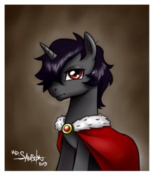 Size: 835x957 | Tagged: safe, artist:mr-samson, character:king sombra, species:pony, species:unicorn, cape, clothing, handsome, lidded eyes, male, solo, sombra's cape, stallion, stupid sexy sombra, younger