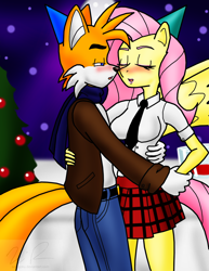 Size: 1268x1645 | Tagged: safe, artist:sonigoku, character:fluttershy, species:anthro, species:fox, christmas tree, clothing, commission, crossover, crossover shipping, dancing, doctor who thread, fluttertails, gif party, interspecies, jacket, jeans, love, miles "tails" prower, miniskirt, new years eve, punch, scarf, schoolgirl, shipping, skirt, sonic the hedgehog (series), tree