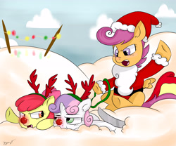 Size: 6000x5000 | Tagged: dead source, safe, artist:bloodyhellhayden, character:apple bloom, character:scootaloo, character:sweetie belle, species:pegasus, species:pony, absurd resolution, christmas, clothing, cutie mark crusaders, fake beard, holiday, red nose, reindeer antlers, rudolph nose, santa costume, sleigh, snow
