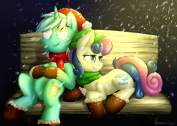 Size: 800x571 | Tagged: safe, artist:moonlightfl, character:bon bon, character:lyra heartstrings, character:sweetie drops, bench, boots, christmas, clothing, duo, hat, holiday, mittens, santa hat, scarf, sitting, smiling, snow, snowfall, winter