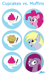 Size: 436x700 | Tagged: safe, artist:caycowa, character:derpy hooves, character:pinkamena diane pie, character:pinkie pie, species:pegasus, species:pony, contemplating insanity, cupcake, cupcakes vs muffins, female, mare, muffin