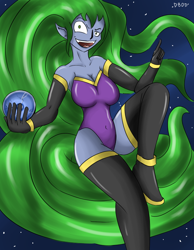 Size: 700x900 | Tagged: safe, artist:dinobirdofdoom, character:mane-iac, species:human, episode:power ponies, g4, my little pony: friendship is magic, breasts, busty mane-iac, clothing, colored skin, electro orb, evening gloves, female, humanized, leotard, pony coloring, solo, thigh boots